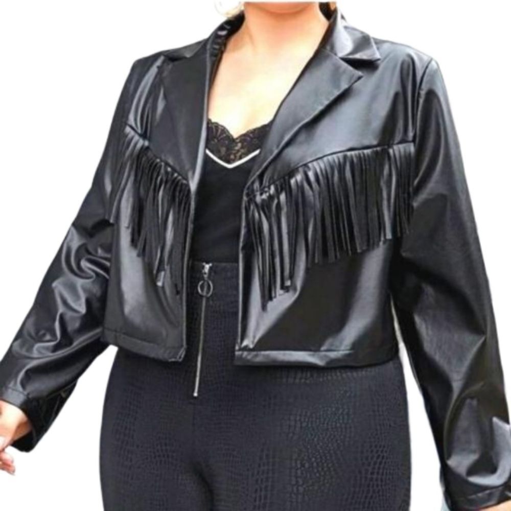 Women's Super cute Plus Size Black Fringe Trim faux Leather Jacket Sz 3x
